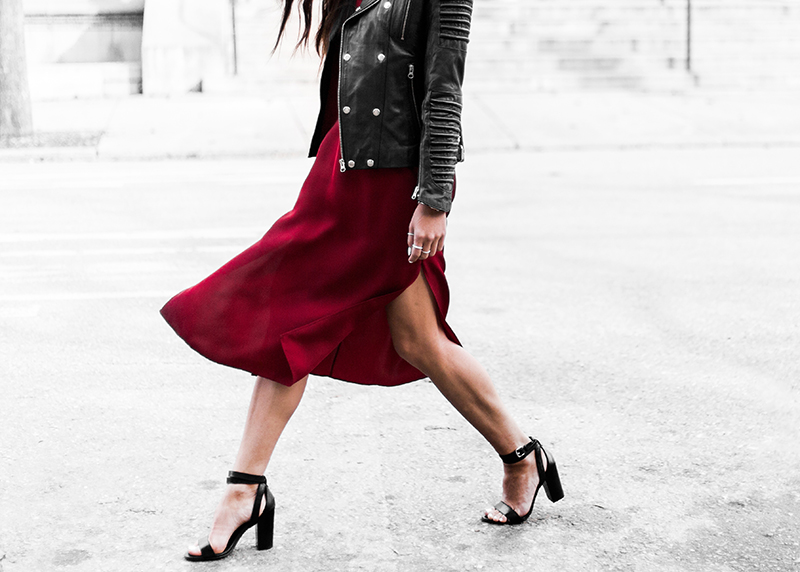 minimalist red silk skirt